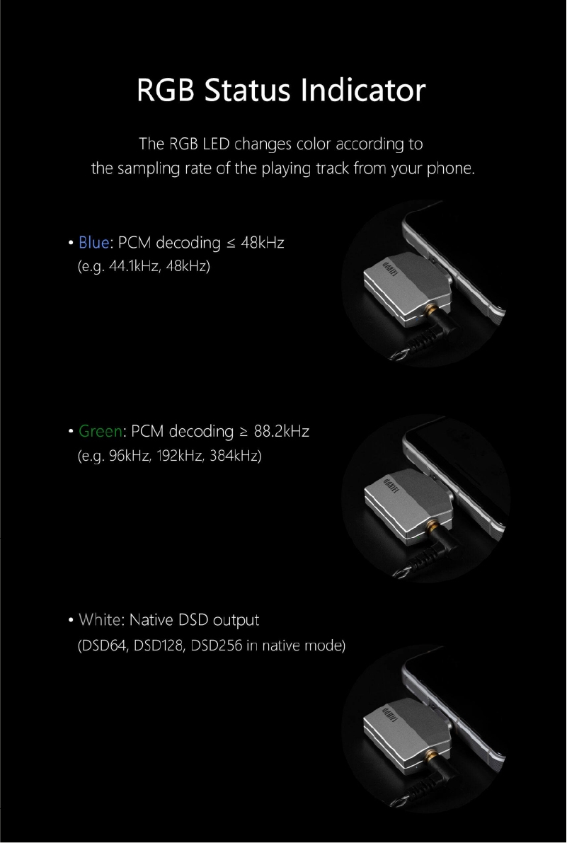 Đèn LED RGB báo định dạng nhạc trên TC35AL USB-C to 3.5mm Hi-Res DAC & Amp